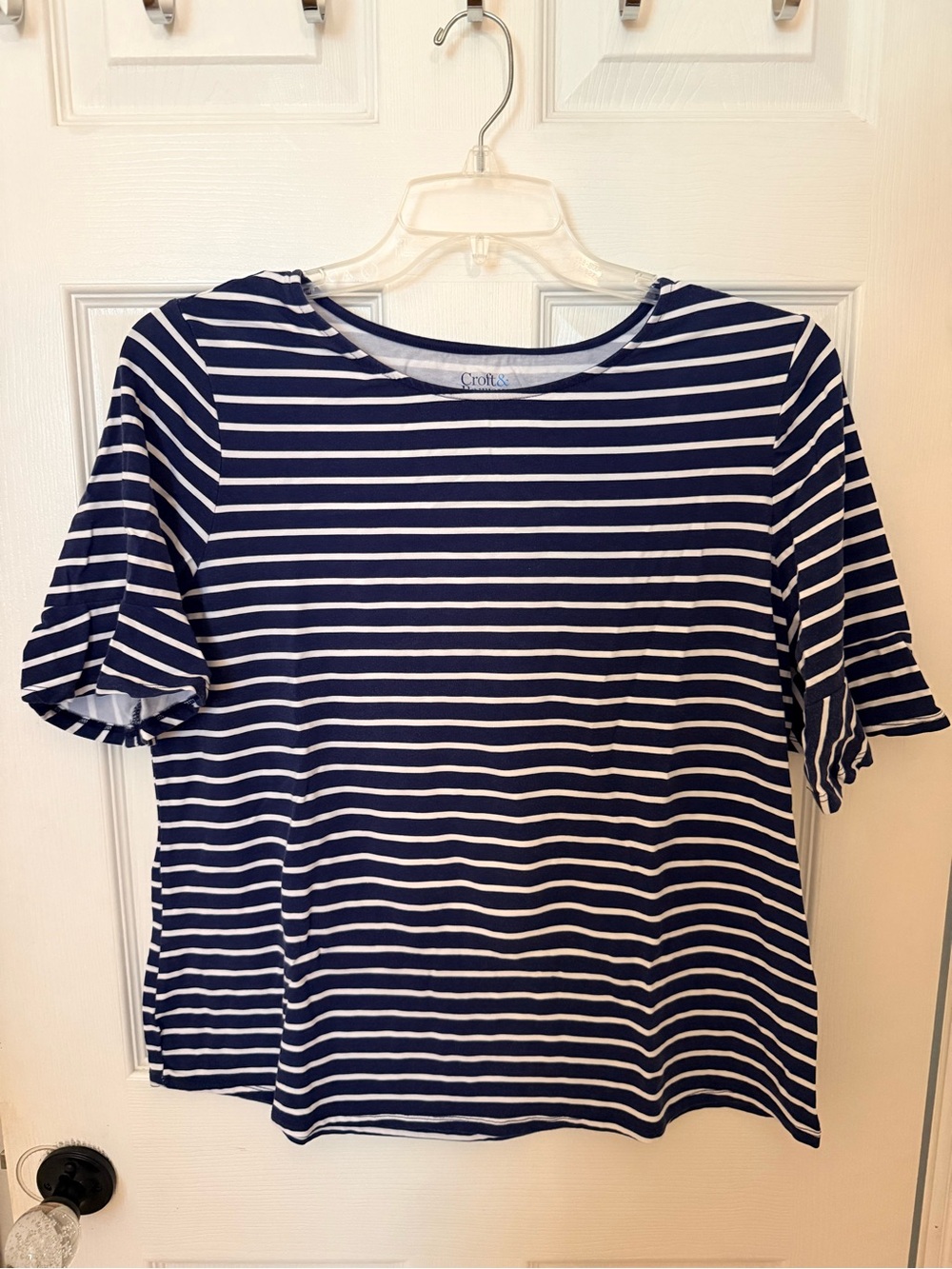 croft & barrow Navy and White Stripe Short Sleeve Ruffle Tee